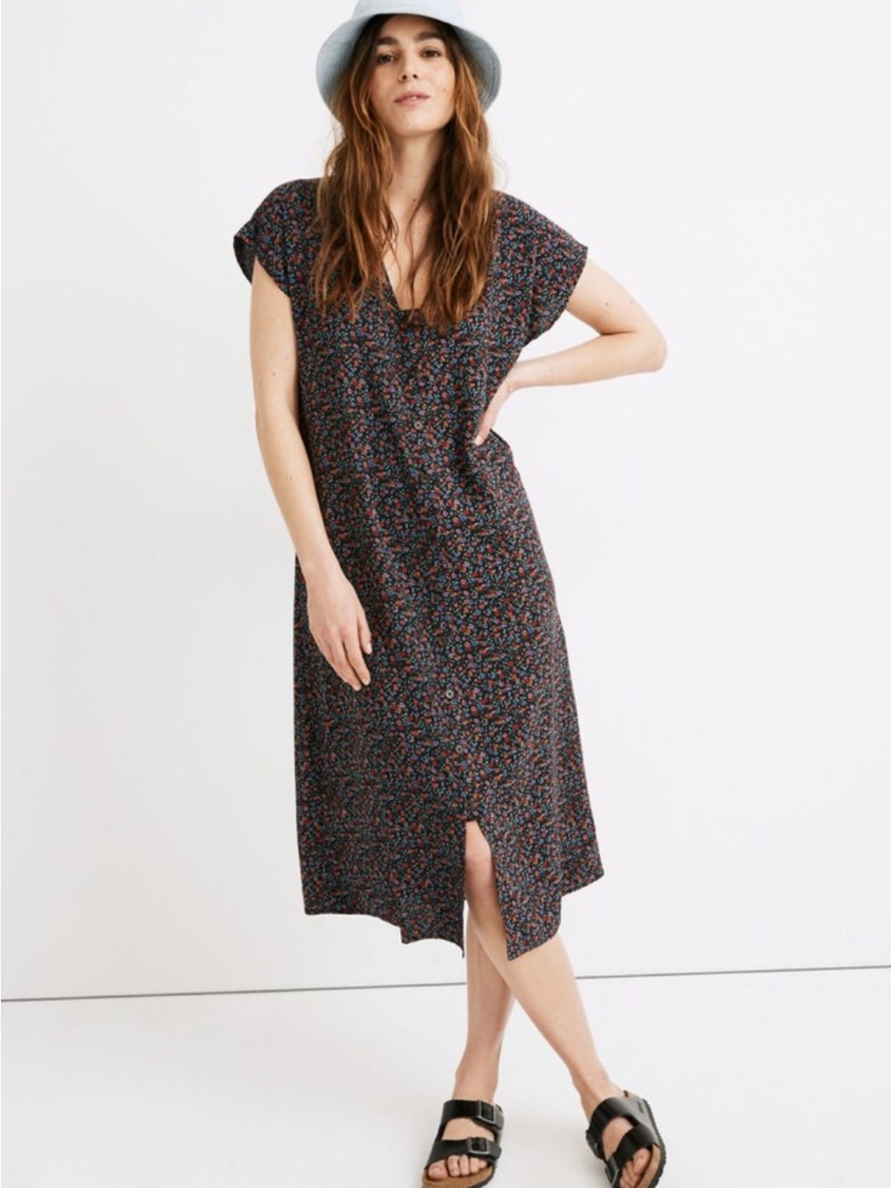 Madewell Black Midi Dress with Pink Floral Print